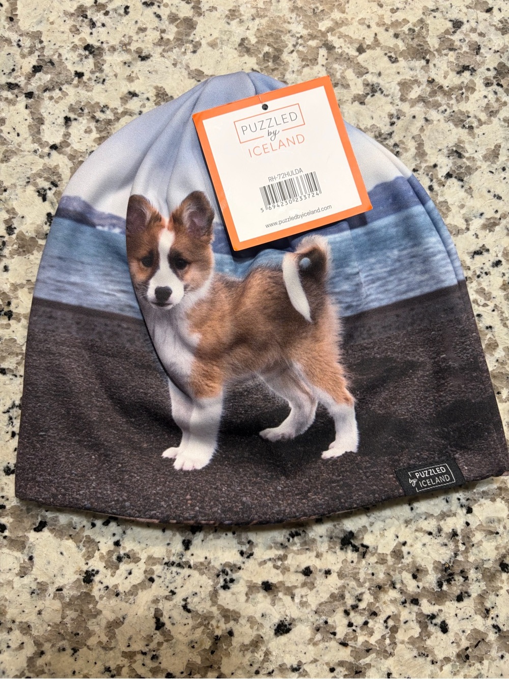 Reversible Puppy/ Puffin Print Beanie - Brown/Blue by Puzzled by Iceland NWT